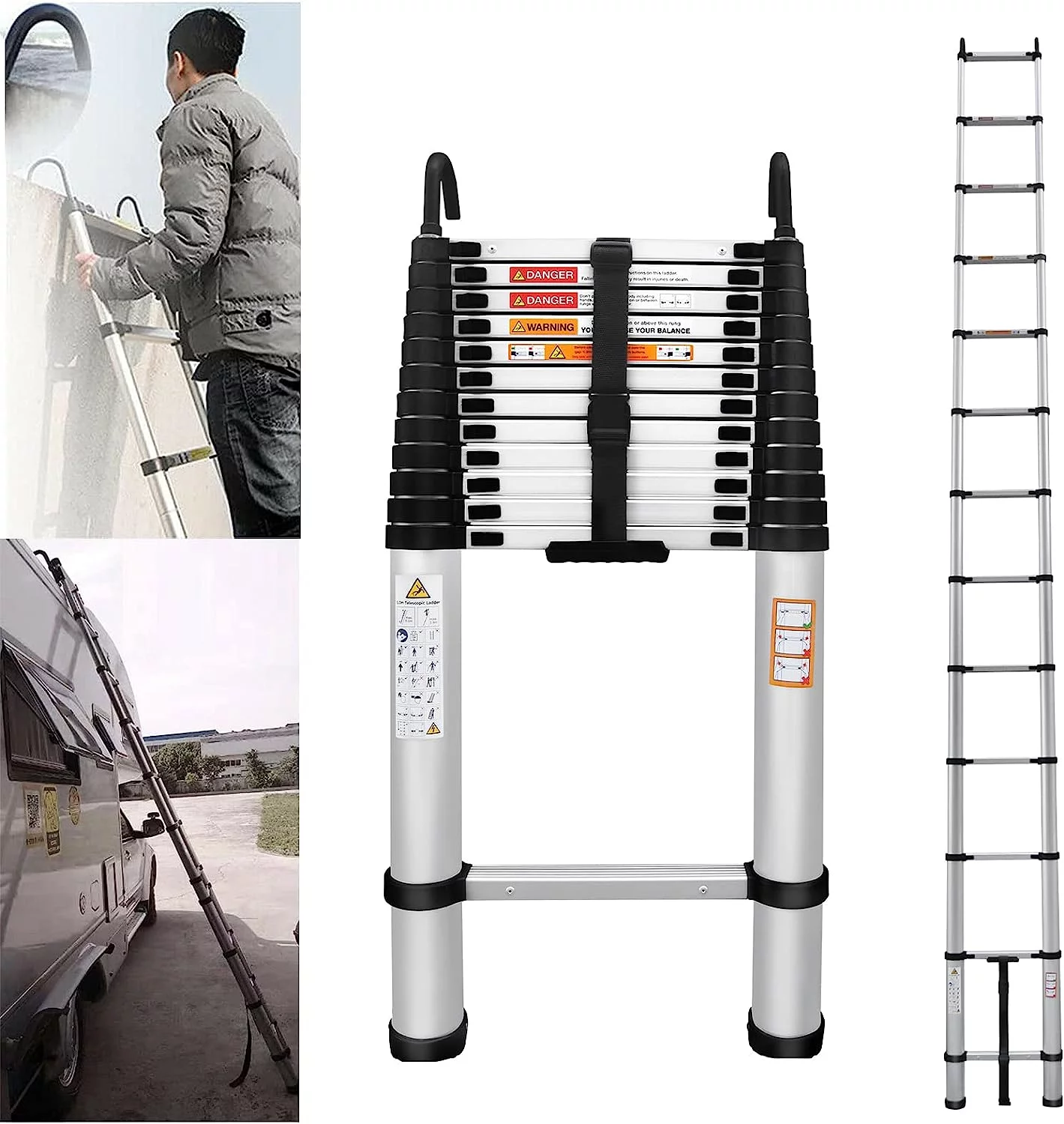 Telescoping Ladder 16FT Aluminum Telescopic Ladder with 2 Detachable Roof Hooks, Roof Ladder Extension Collapsible Ladder for RV