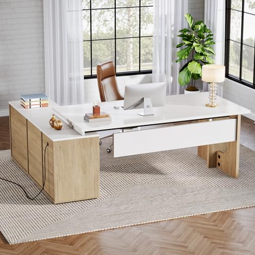 Tribesigns 74.8" Executive Desk, Large Office Desk with Cabinet, L Shaped Computer Desk with Shelves and CPU Storage