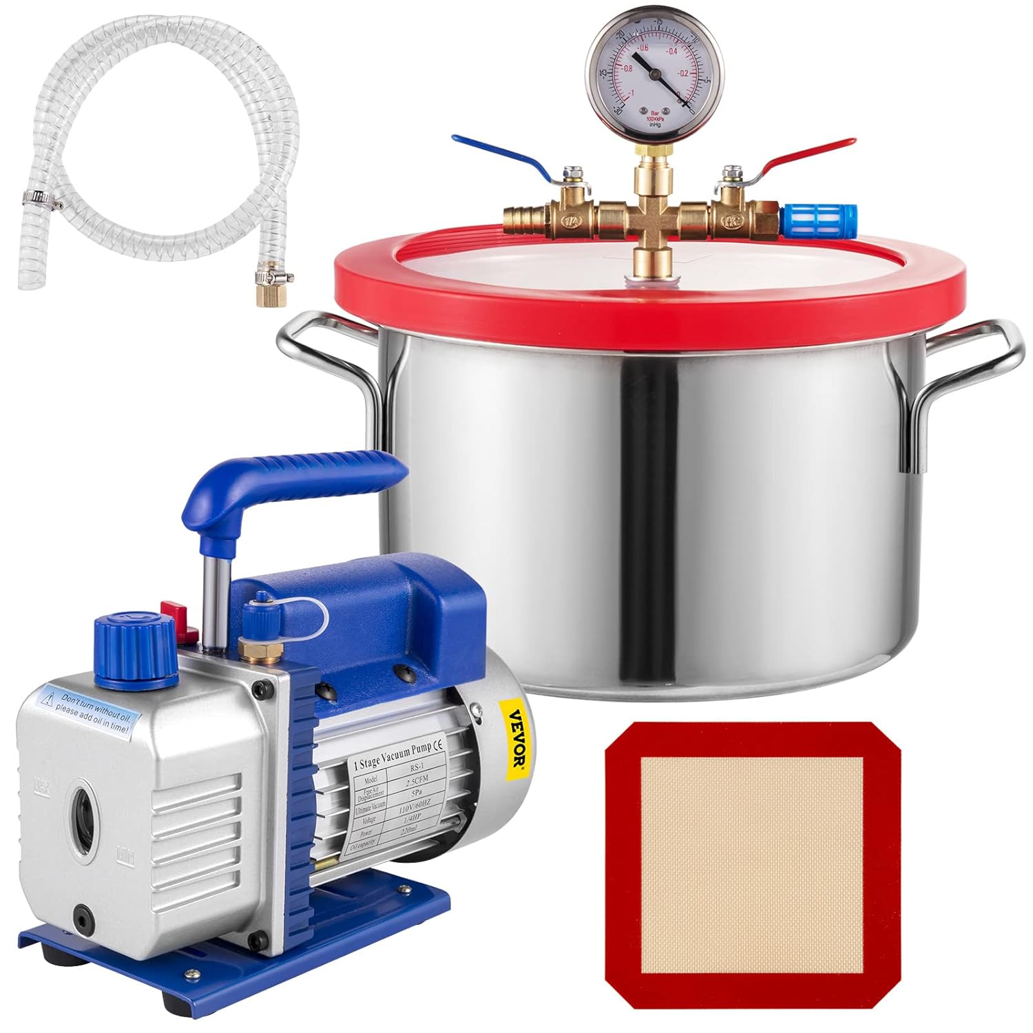 Bestauto 1.5 Gallon Vacuum Degassing Chamber Kit Stainless Steel Degassing Chamber 5.7L Vacuum Chamber Kit with 2.5 CFM Vacuum Pump