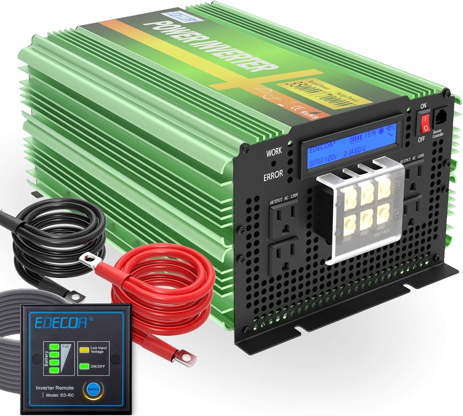 EDECOA Pure Sine Wave Power Inverter 3500W DC 12V to AC 120V with LCD Display and Remote Controller 4 AC Outlets and 1 AC Terminal Block