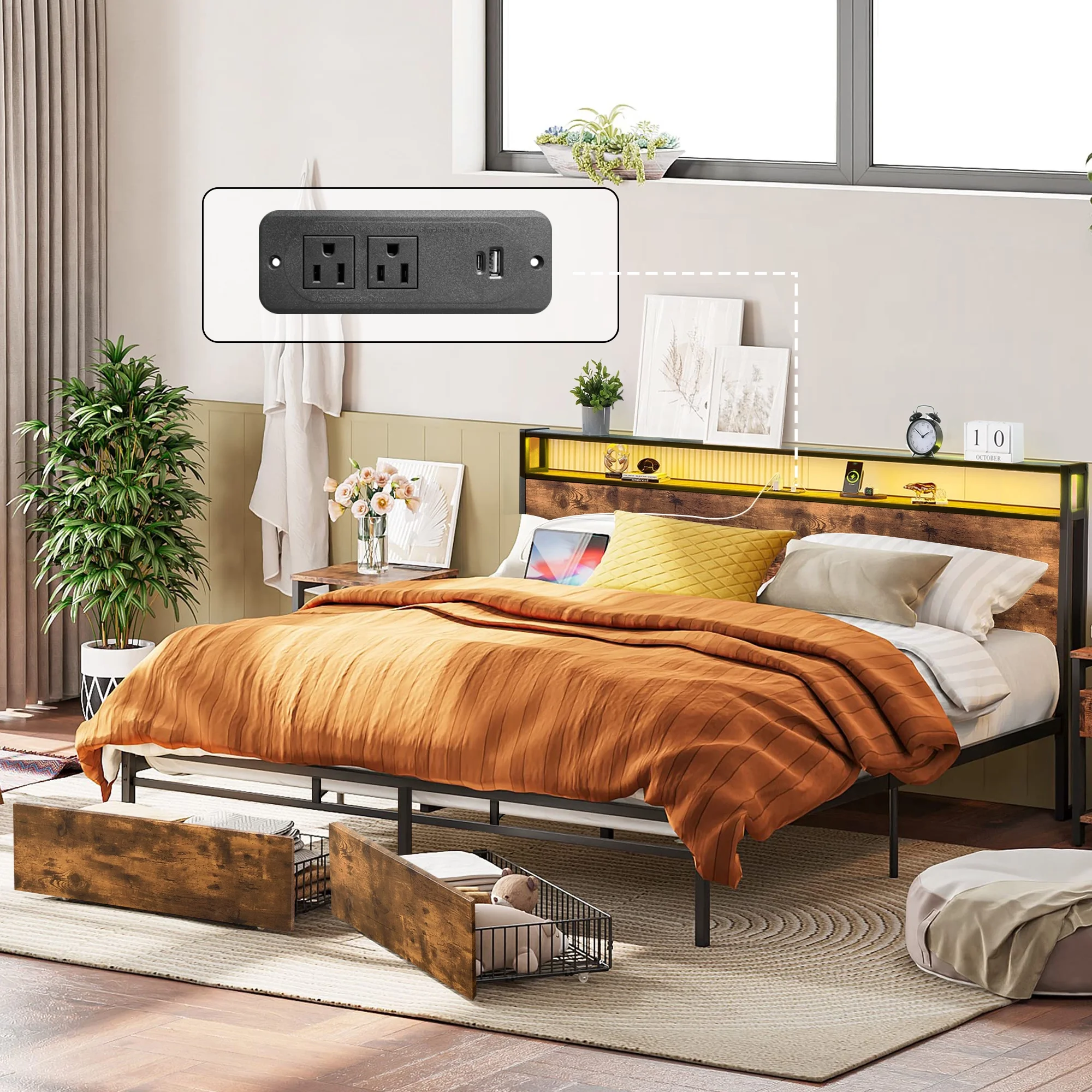 Full Size Bed Frame with Storage Headboard Charging Station USB Outlet