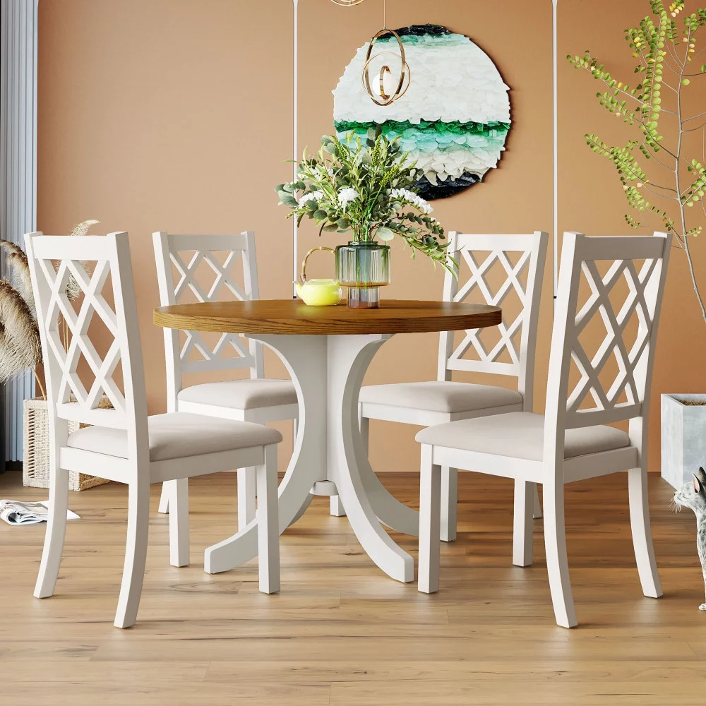 Dining Table Set for 4, Mid-Century Solid Wood 5-Piece Round Dining Room Table Set, Dining Table and Chairs Set for Small Places, Walnut+Beige