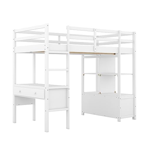 Twin Loft Bed, Saving Space Beds Frame with Desk, Storage Shelves, Drawers, Ladder, Guardrail, Solid Wood Loft Bed