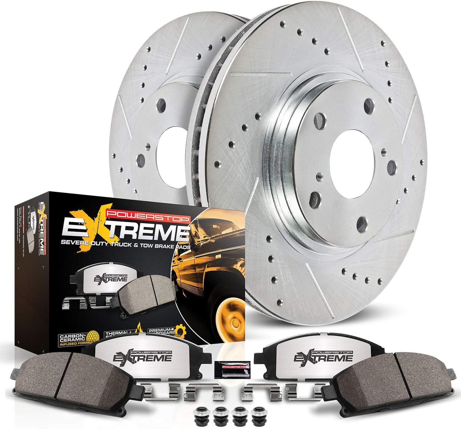 Power Stop KC5411-36 Z36 Truck & Tow Front Caliper Kit-Drilled/Slotted Brake Rotors, Carbon-Fiber Ceramic Brake Pads, Calipers