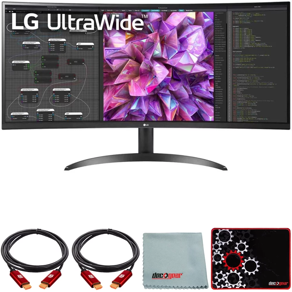 LG 34WQ60C-B 34 inch 21:9 Curved UltraWide QHD 3440 x 1440 PC Monitor Bundle with Deco Gear HDMI Cable 2 Pack + Gamer Surface Mousepad + Screen Cloth