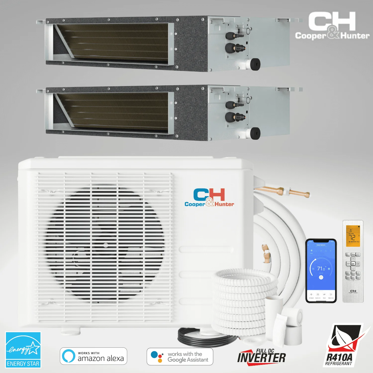 Cooper & Hunter 18000 BTU 230V Slim Ducted Dual 2 Zone Mini Split Heat Pump Air Conditioner 9K + 9K BTU Cover 800 Sq Ft