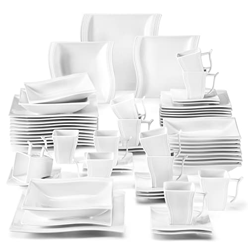 MALACASA Ivory White Dinnerware Sets, 60 Piece Kitchen Plates and Bowls Sets for 12, Porcelain Dish Set with Dinner Plates Set, Cups and Saucers