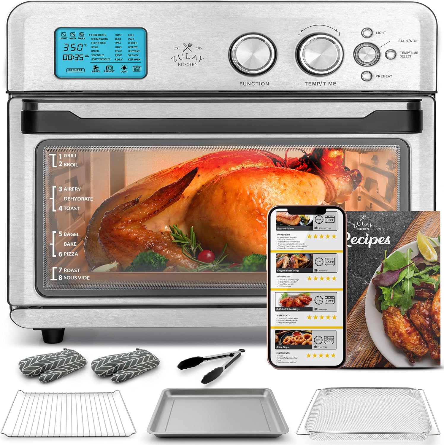 Zulay Large Countertop Air Fryer - Stainless Steel Airfryer Toaster Oven Combo with 21 Functions