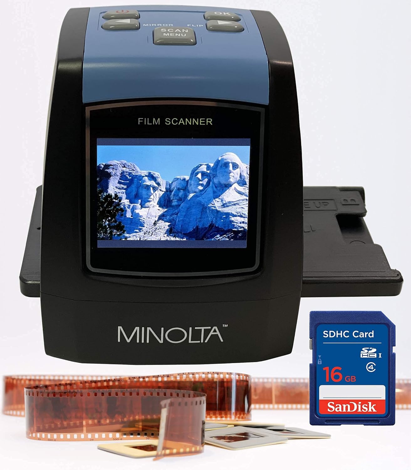 MINOLTA Film & Slide Scanner, Convert Color & B&W 35mm, 126, 110 Negative & Slides, Super 8 Films to 22MP JPEG Digital Photos, 16GB SD Card