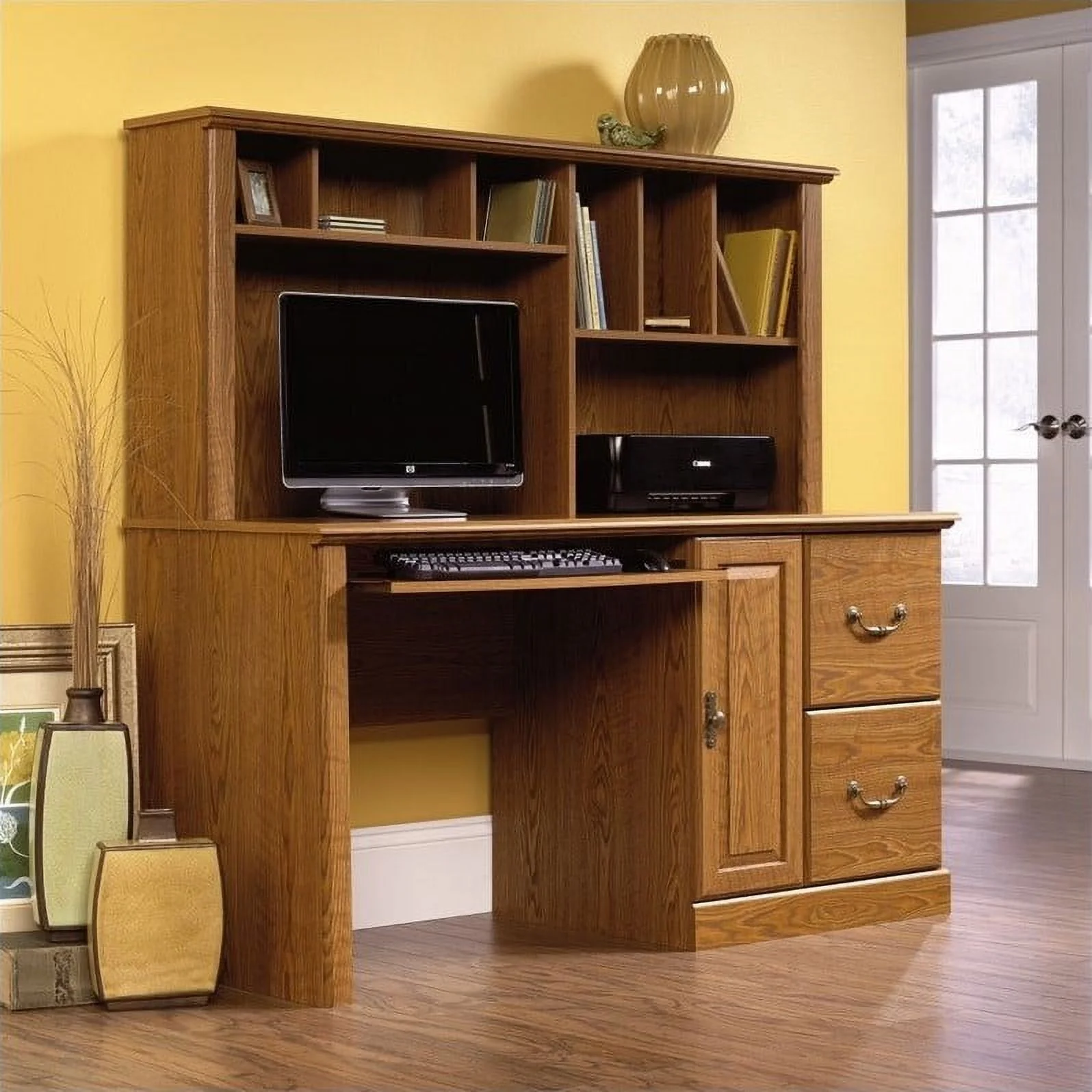 Kingfisher Lane Traditional Wood Computer Desk with Hutch in Carolina Oak