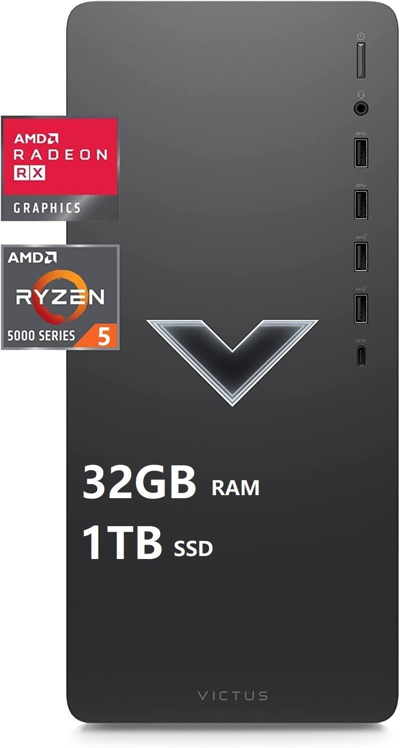HP Victus 15L Gaming Desktop Bundle PC, AMD RX6400 Graphics, AMD Ryzen 5 5600G,32GB SDRAM, 1TB SSD, Windows 11 Home OS, RGB Lighting