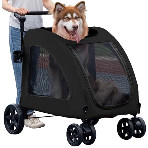 Large Dog Stroller, Removable Cushion Adjustable Handle Foldable 4 Wheel Pet Stroller