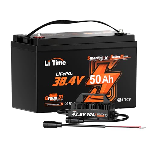 LiTime 36V 50Ah Trolling Motor Bluetooth 5.0 Low-Temp Protection LiFePO4 Battery with 43.8V 25A Charger, Buit in 50A BMS