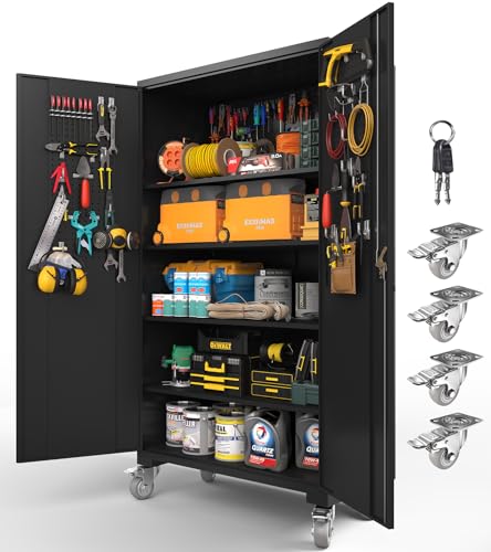 Upgraded Tall & Wide Metal Storage Cabinet with Doors & 4 Adjustable Shelves | Heavy-Duty Black Lockable Garage Cabinet with Wheels & Pegboard for