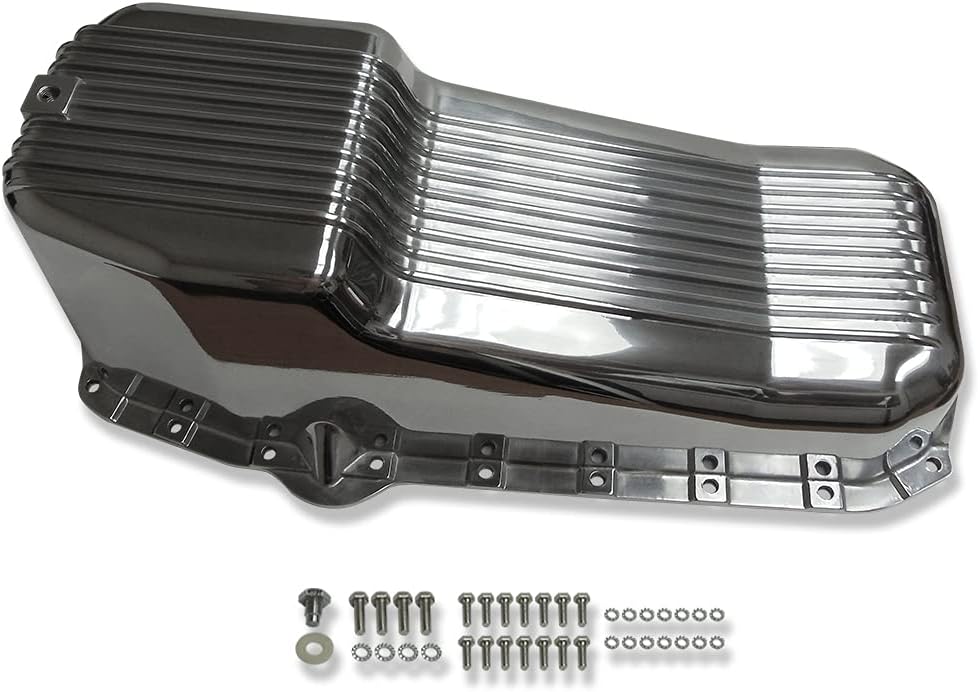 DEMOTOR PERFORMANCE Polished Aluminum Finned Oil Pan Kit Bolts Plug Fits SB Chevy 327 350 SBC 1955-79