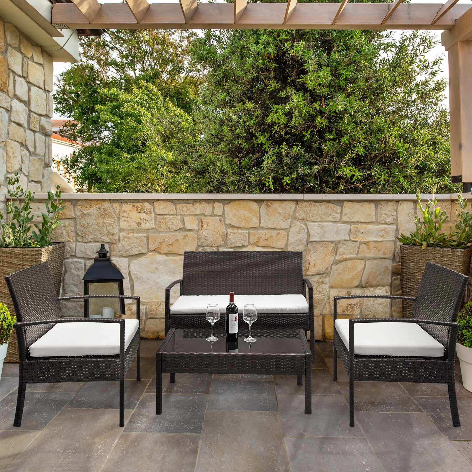 UBesGoo 4-Piece Outdoor Patio Conversation Set, PE Wicker with Cushions, Rattan Furniture Set w/ Coffee Table