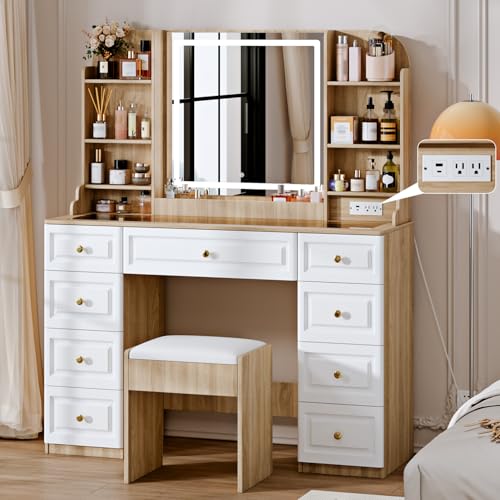 43" Makeup Vanity Desk with Mirror and Lights, & Power Outl, Glass Top Big Vanity Table with 9 Drawers& 8 Storage Shelves