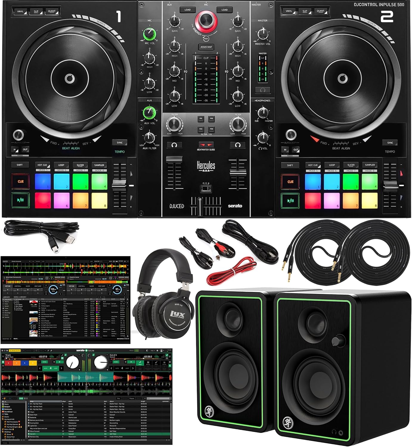 Hercules DJControl Inpulse 500 2-Channel DJ Software Controller Includes DJUCED DJ & Serato DJ Lite Software with Retractable Feet and CR3-X Pair
