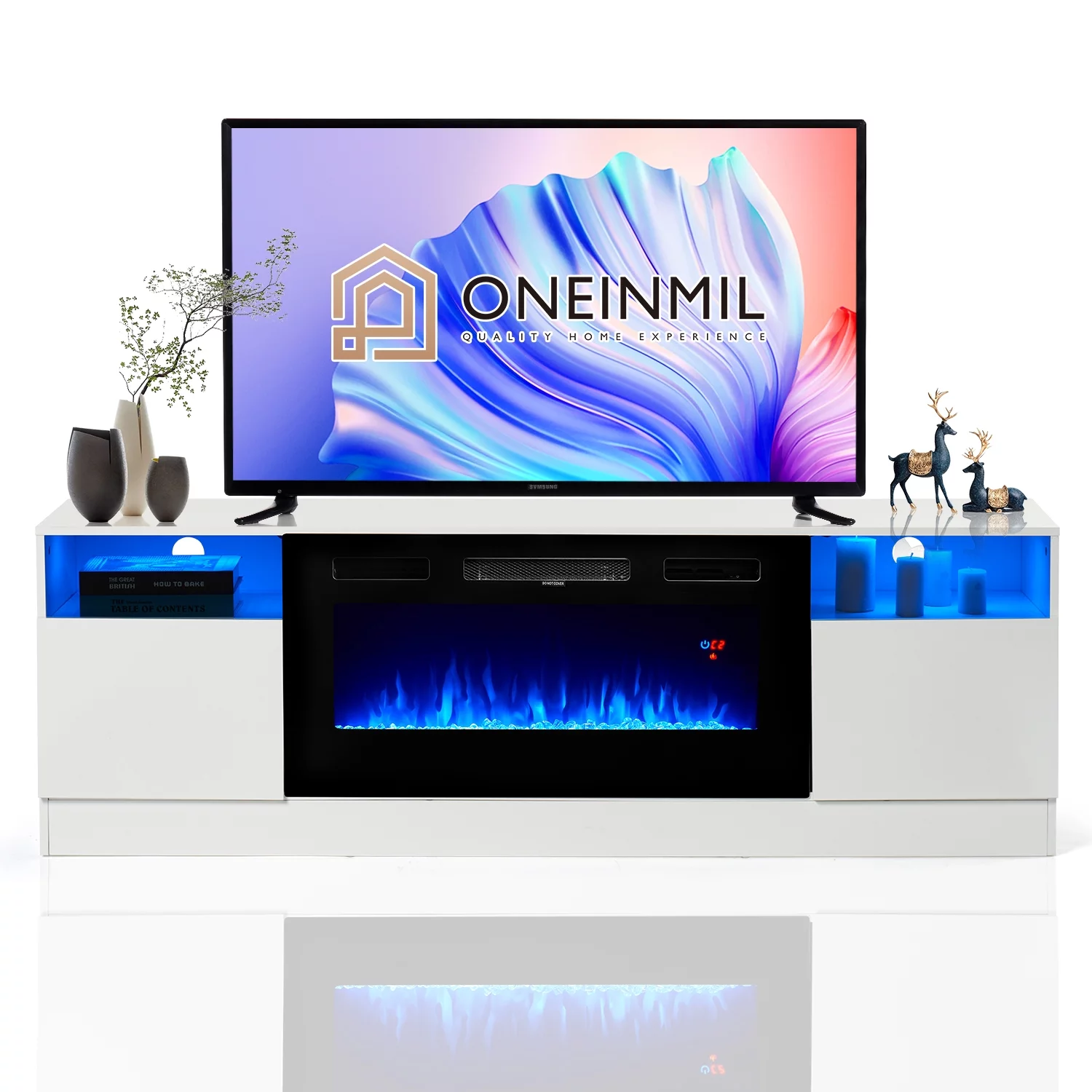Oneinmil Fireplace TV Stand, Entertainment Center for TVs up to 80", 70” TV Stand with 36'' Electric Fireplace, LED Lights Entertainment Center