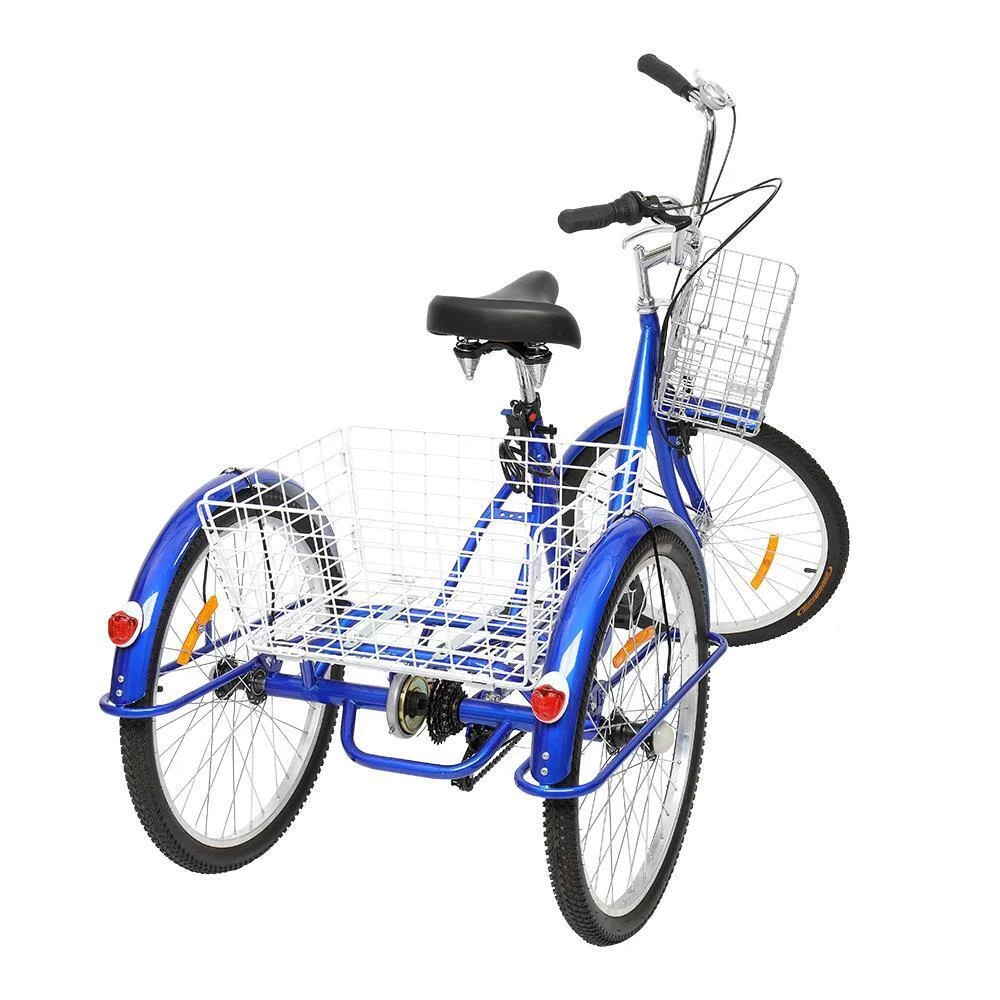24" 7 Speed Adult Tricycle 3 Wheel Trike Cruiser Bike W/Basket For Shopping Blue - Curated Treasures Market