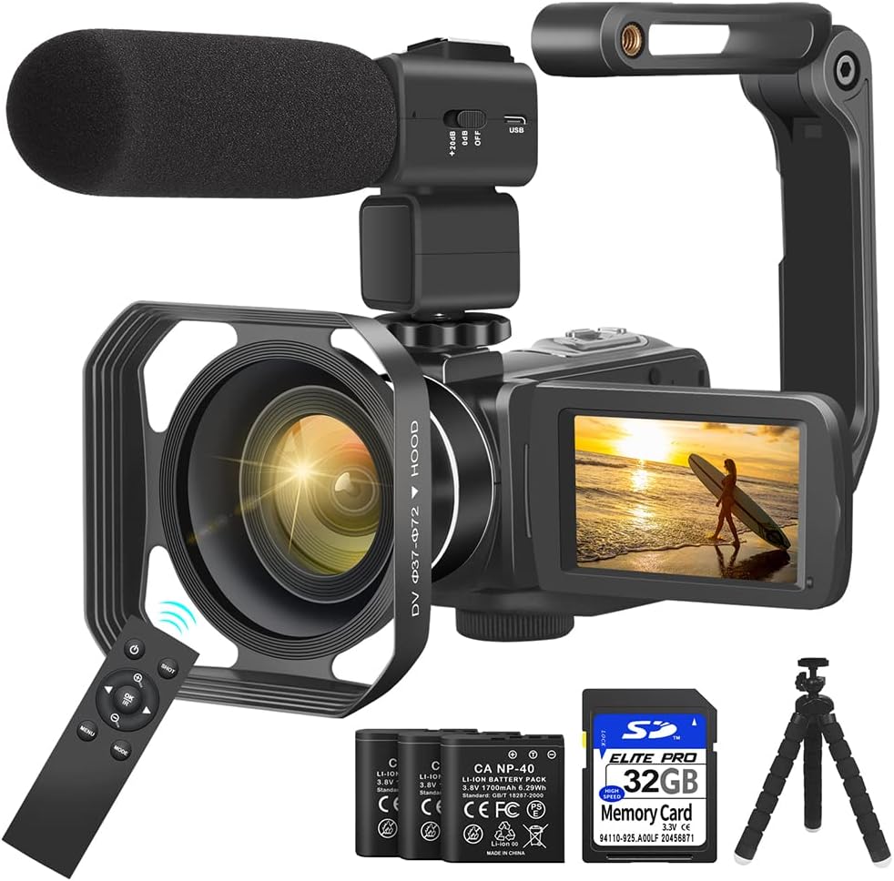 Camcorder Video Camera 4K 56MP UHD Video Camera for YouTube with External Mic Video Camera Camcorder with 32G SD Card 2.4G Remote IR Night Vision