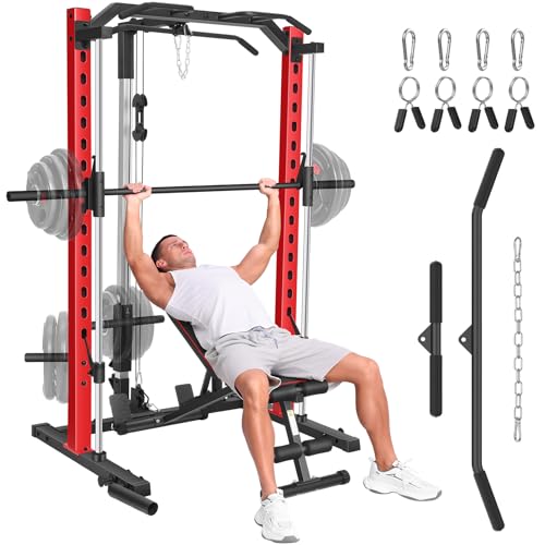 Smith Machine with LAT-Pull Down, Multi-Functional Smith Machine, Power Cage with Cable Crossover, Squat Rack with Landmine, Barbell Bar