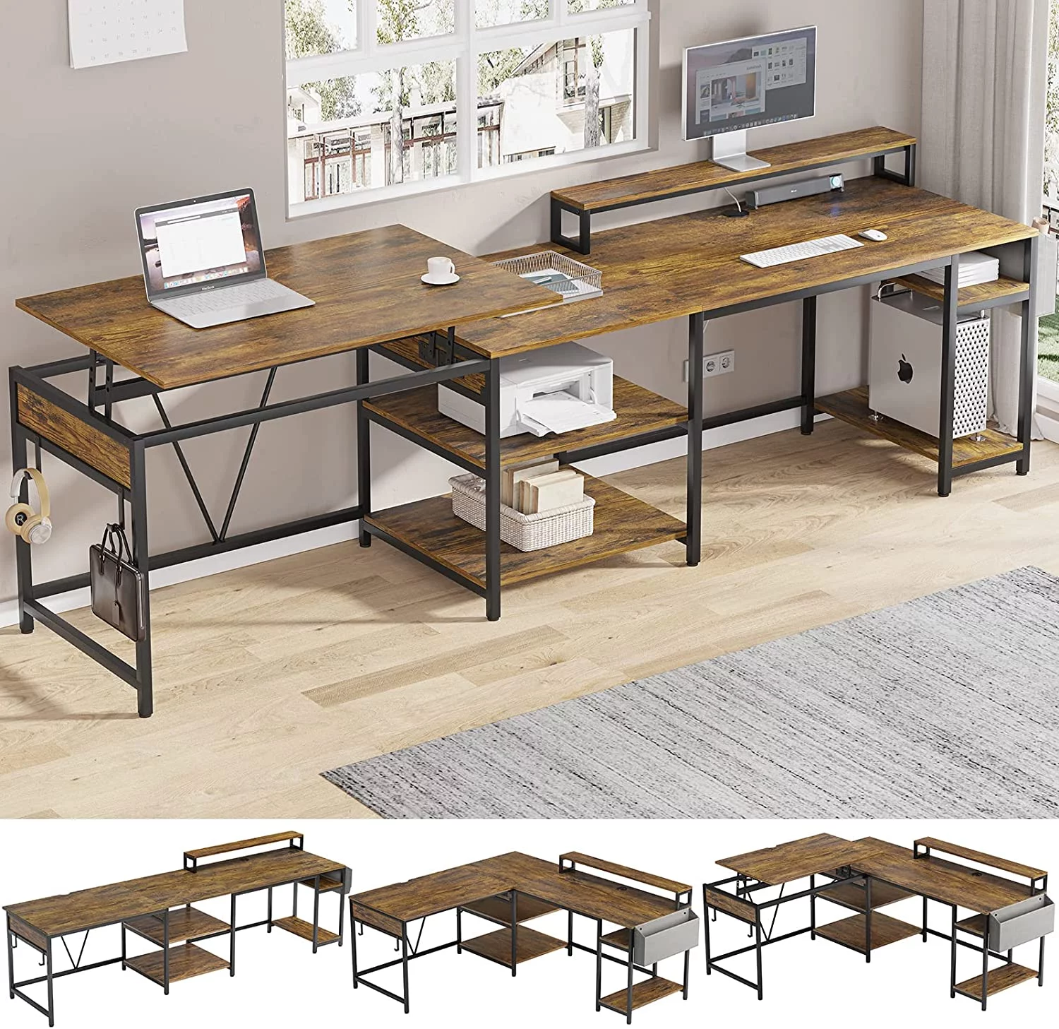 EPHEX L Shaped Desk with Lift Top, Reversible Corner Office Desk, L Shaped Desk with Storage Shelves, Monitor Stand