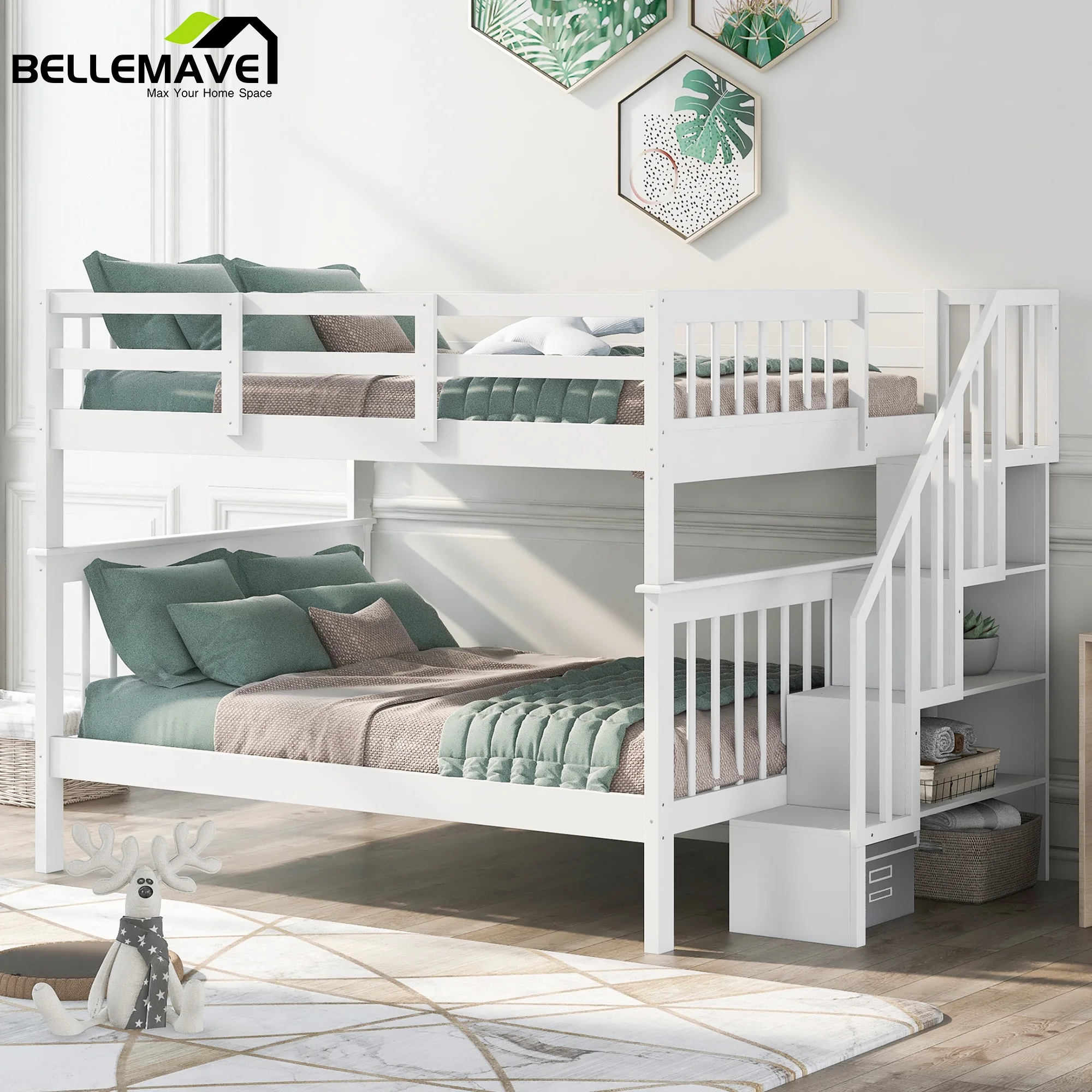 BELLEMAVE Full over Full Bunk Beds for Kids, Kids Bunk Beds with Storage Stairs and Full-Length Guardrail, Convertible Into 2 Bed