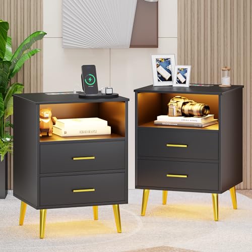 Nightstand set of 2 with Charging Station, Smart Night Stand with LED Light, Wood Bedside Table with 2 Drawers and Storage