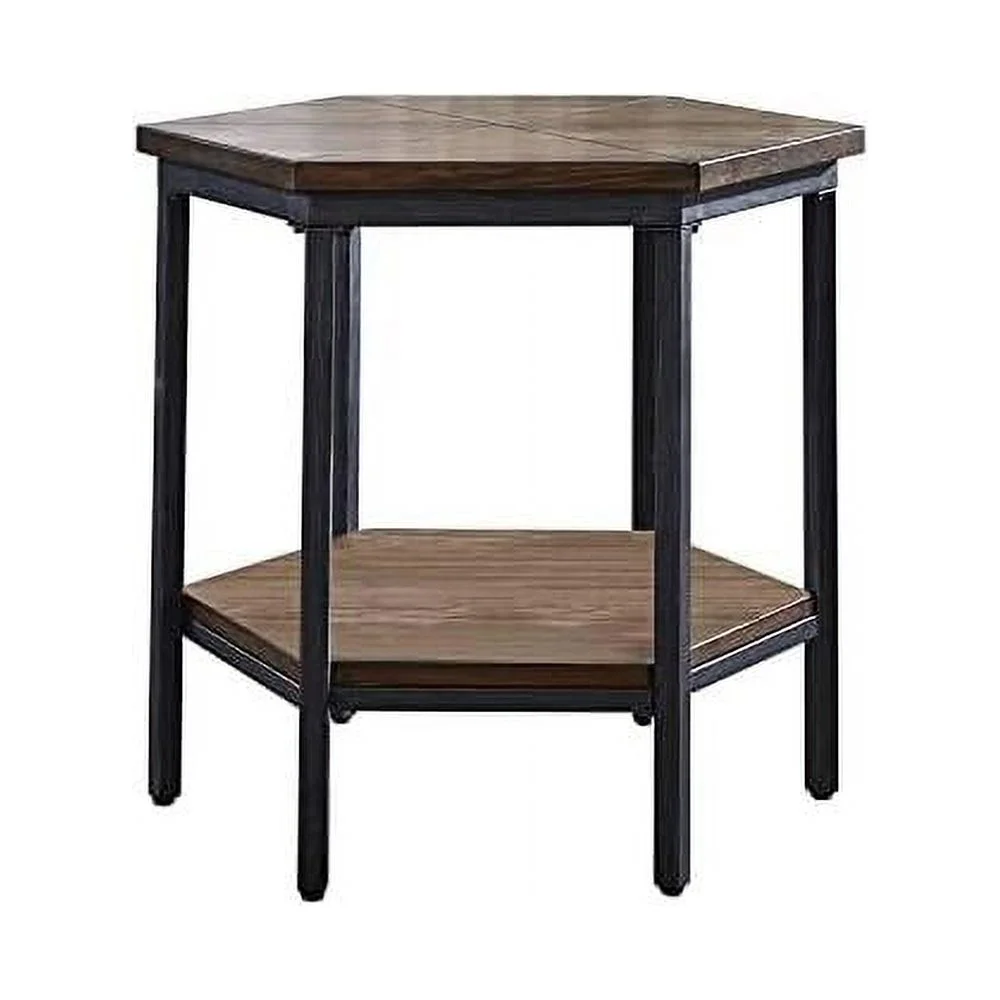 Mocha Hexagonal , Iron Base, And Unique Veneer Layup Design End Table