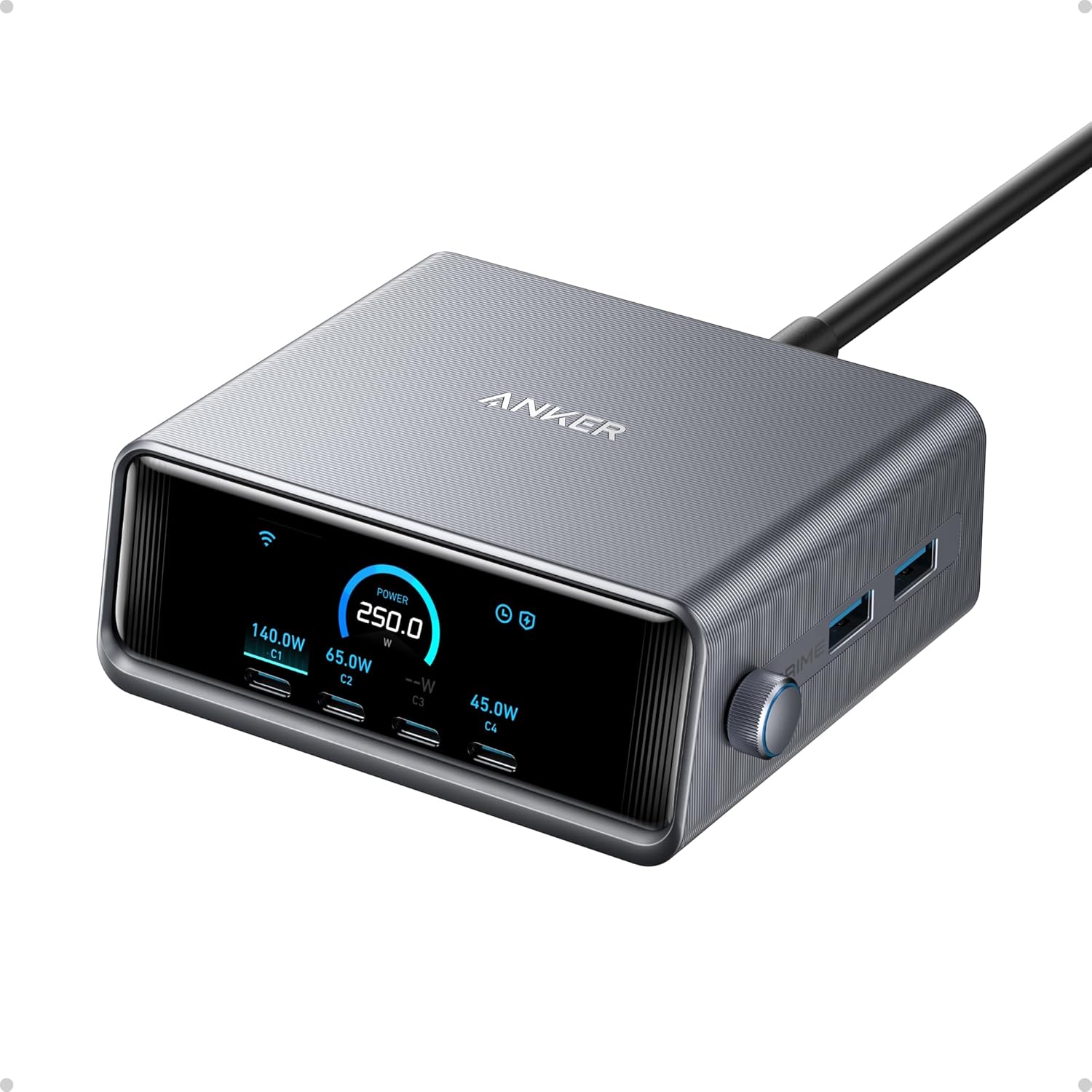 Anker Prime 250W USB-C Charger, Ultra-Fast 6-Port GaN Charging Station, 2.26" LCD Display and Smart Control Dial, Compatible with MacBook Pro/Air