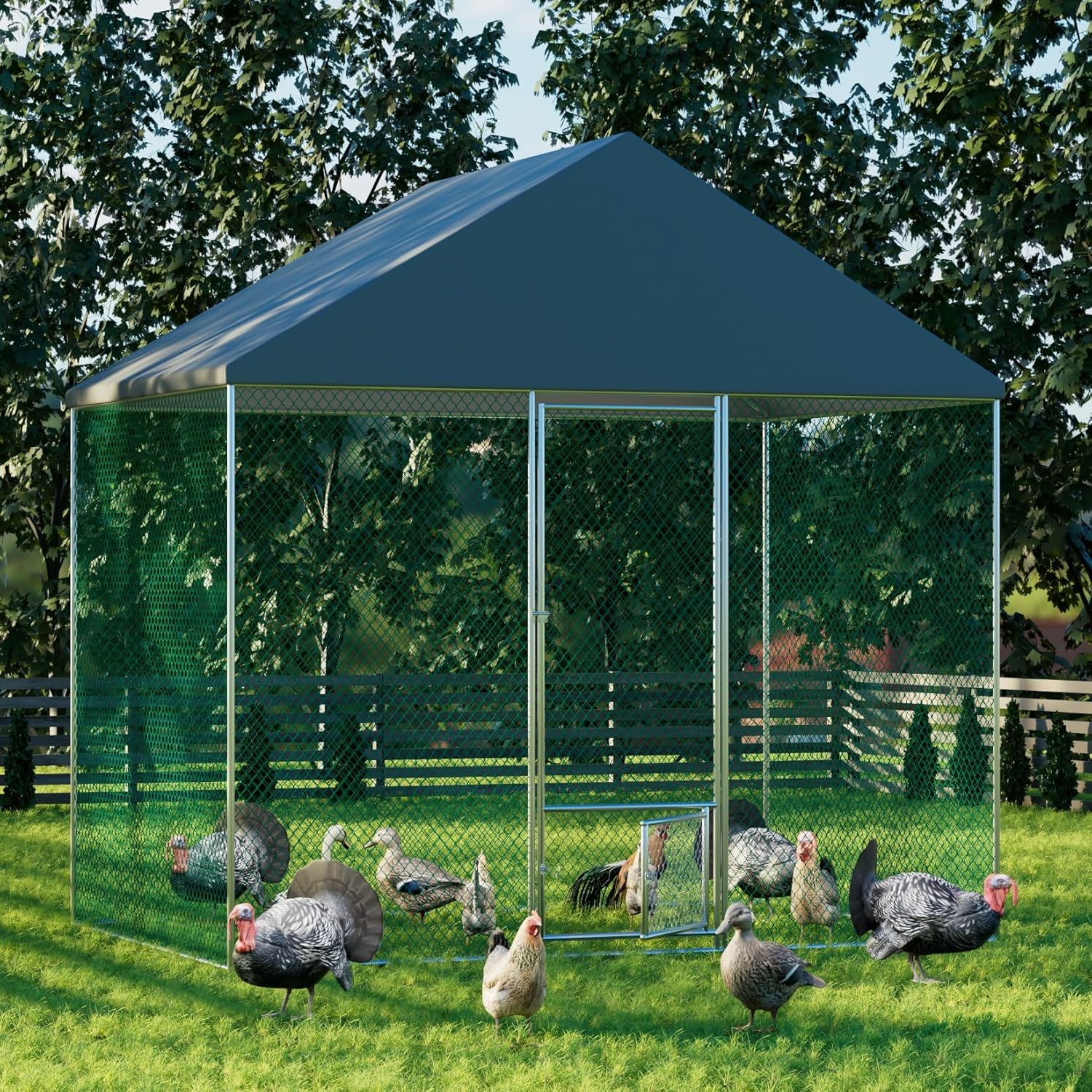 Large Chicken Coop Run Outdoor: Walk-in Poultry Hen Cage Run House with Small Feeding Door and Stakes