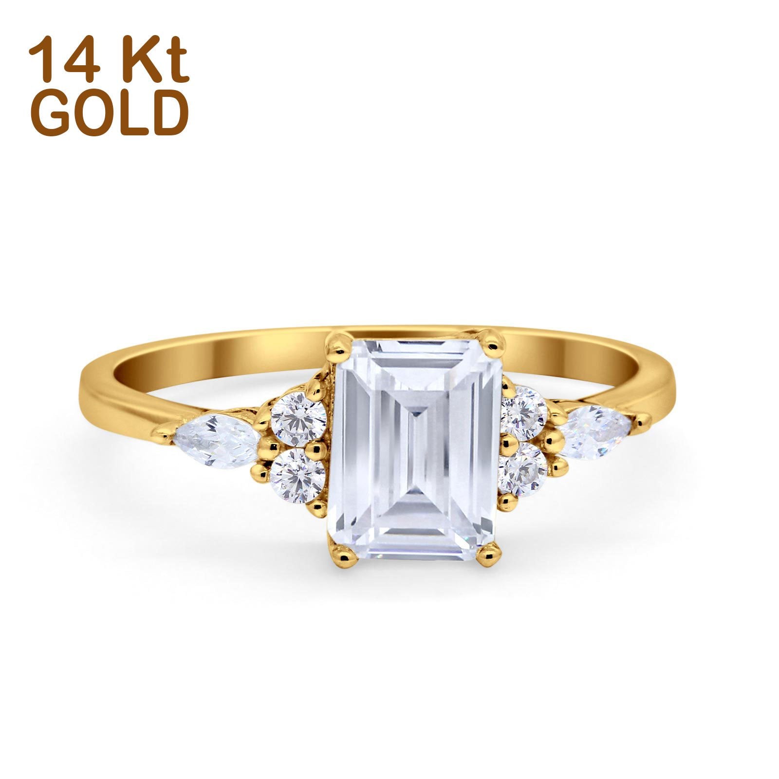 14K Yellow Gold Art Deco Emerald Cut Engagement Women Ring Marquise & Round Simulated CZ