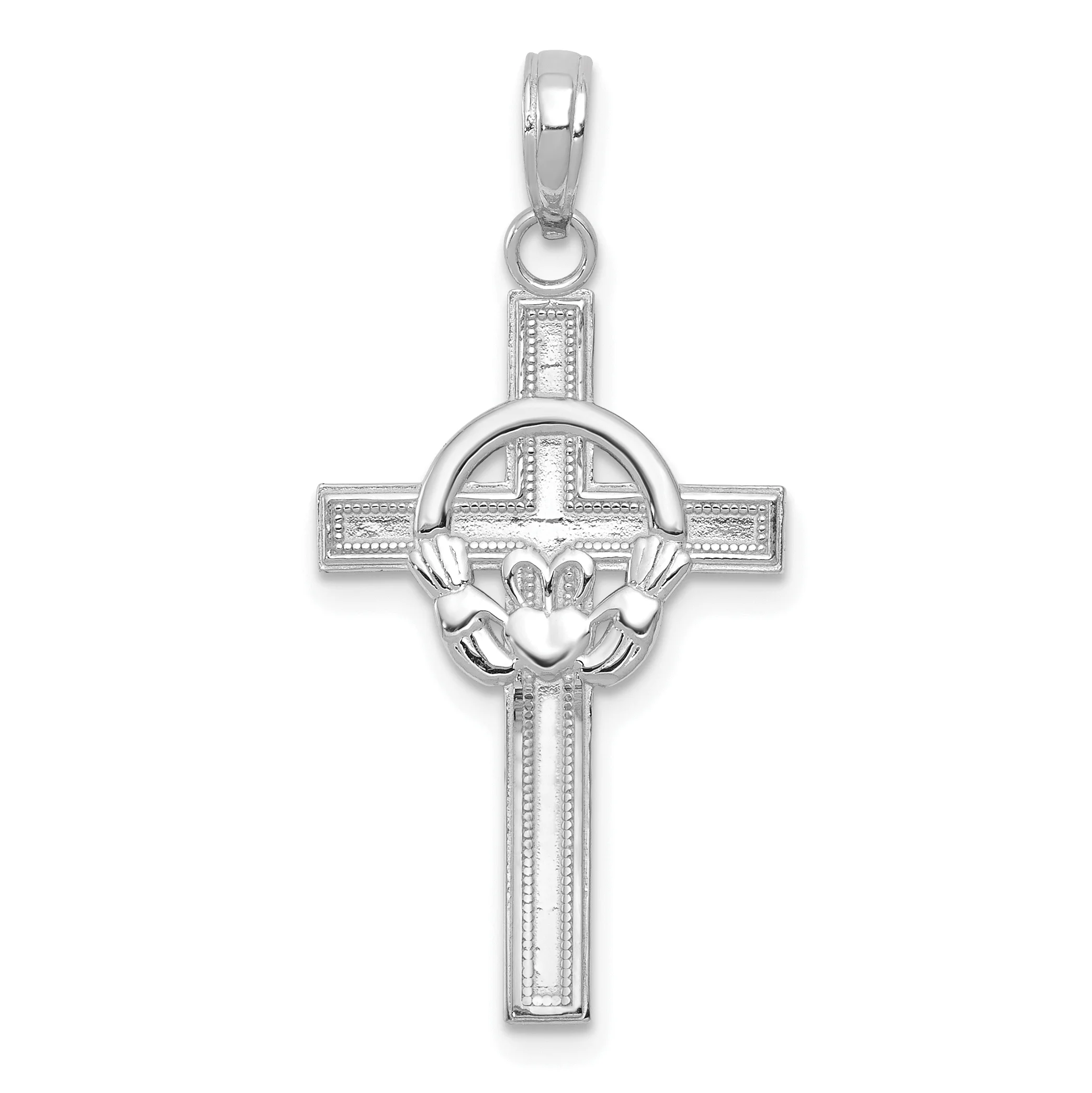 Carat In Karats 10K White Gold Rhodium Plated Polished Claddagh Cross Pendant Charm (29mm x 26mm)