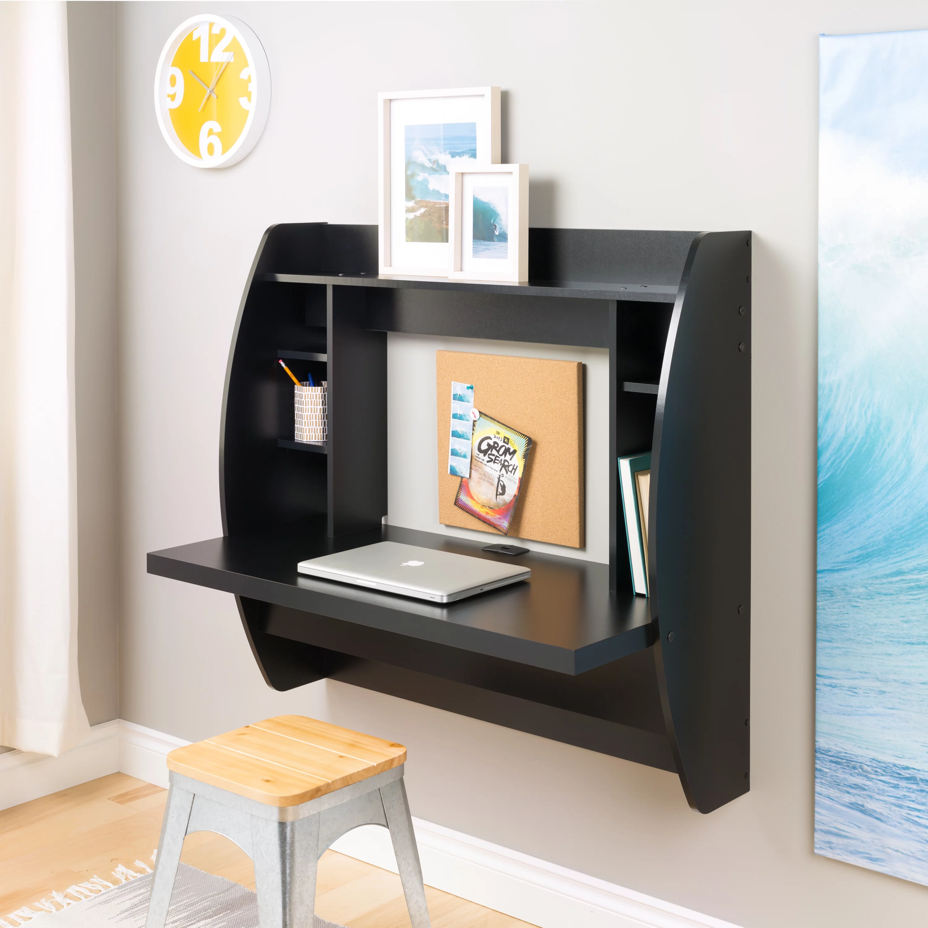 Prepac Floating Desk - Versatile Wall Mounted Desk for Small Spaces, Efficient Computer Desk with Storage, Black Wall Desks, Perfect for Modern Homes