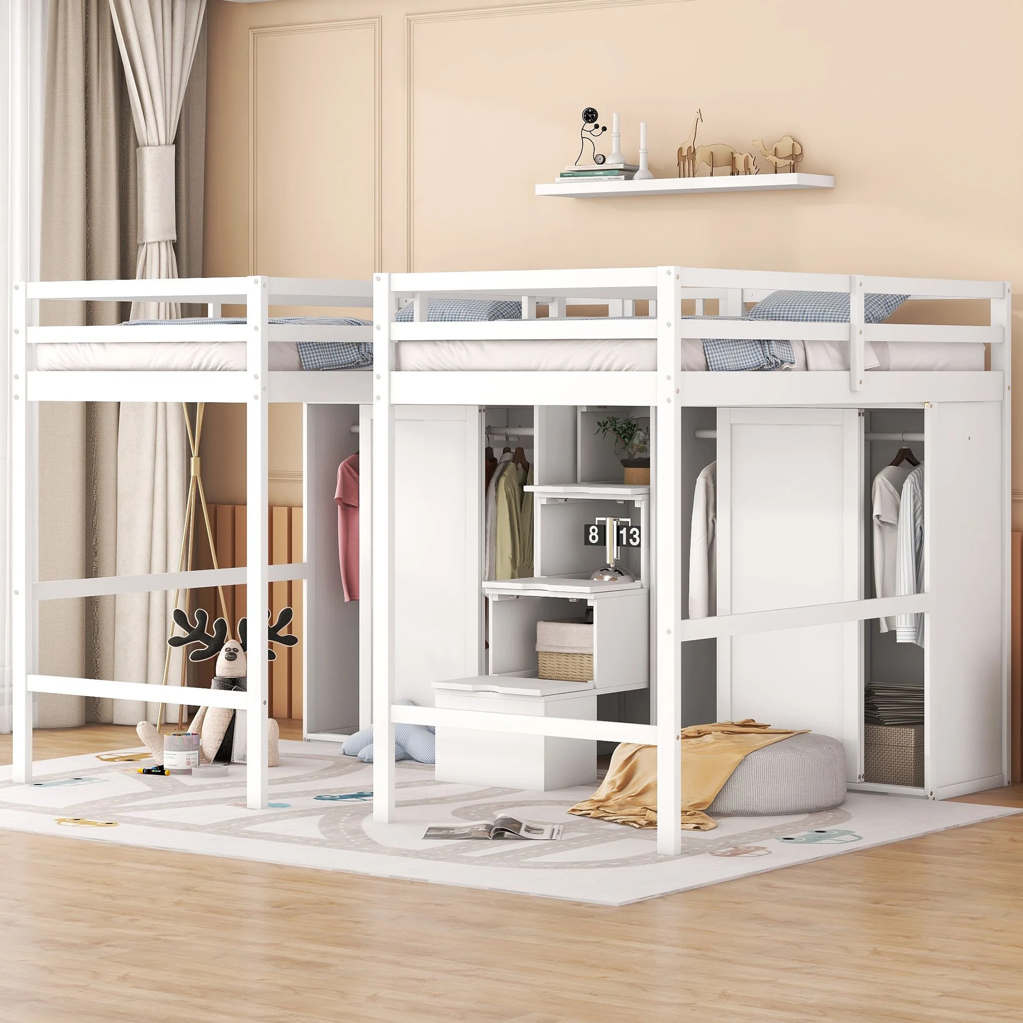 Double Twin Loft Bed, Solid Wood Loft Bed with Wardrobes and Staircase, Modern Storage Loft Bed with Storage Stairs and Shelves for Boys Girls Teens