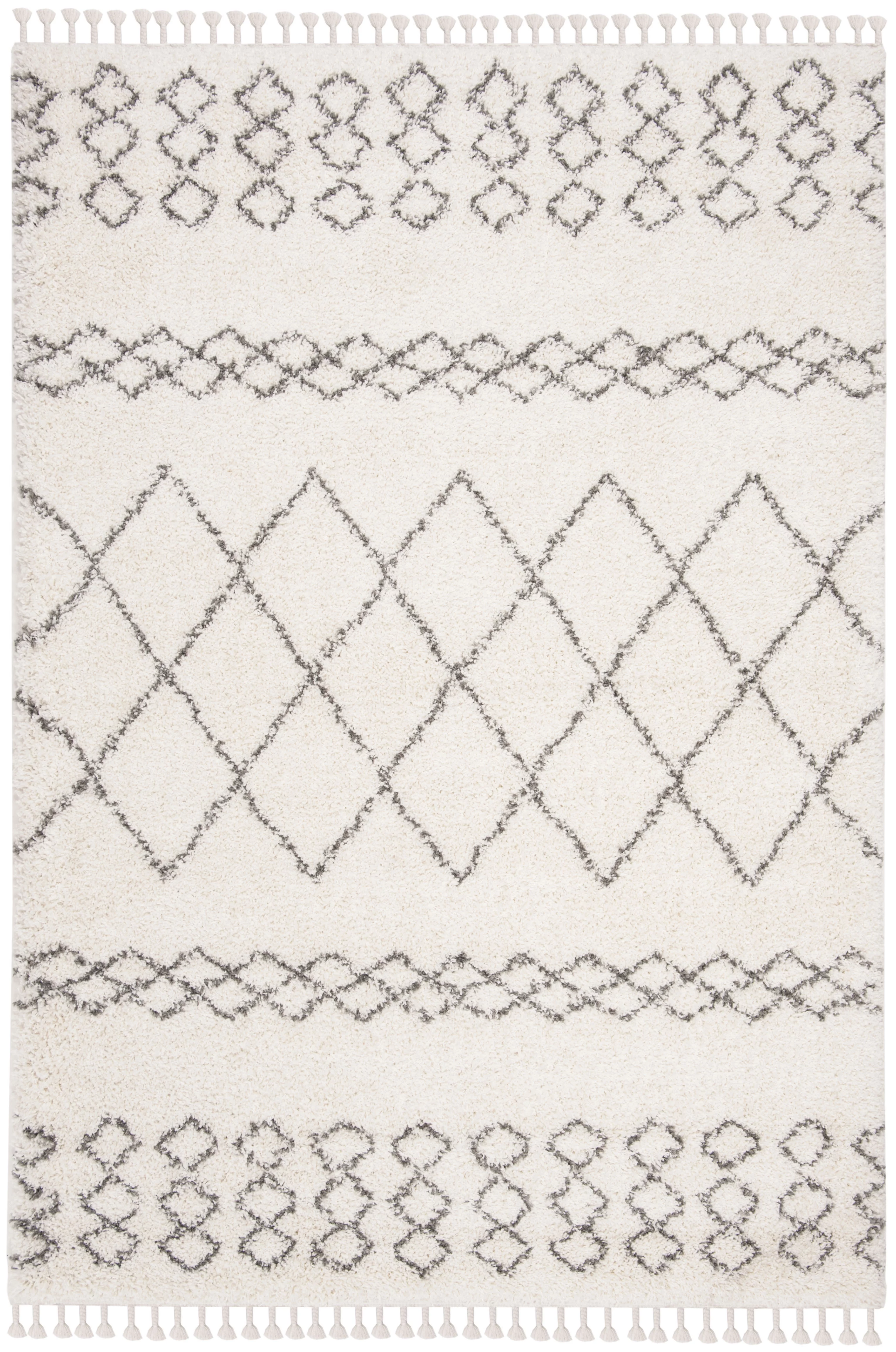 SAFAVIEH Moroccan Fringe Scarlett Geometric Shag Area Rug, Ivory/Grey, 4' x 6'