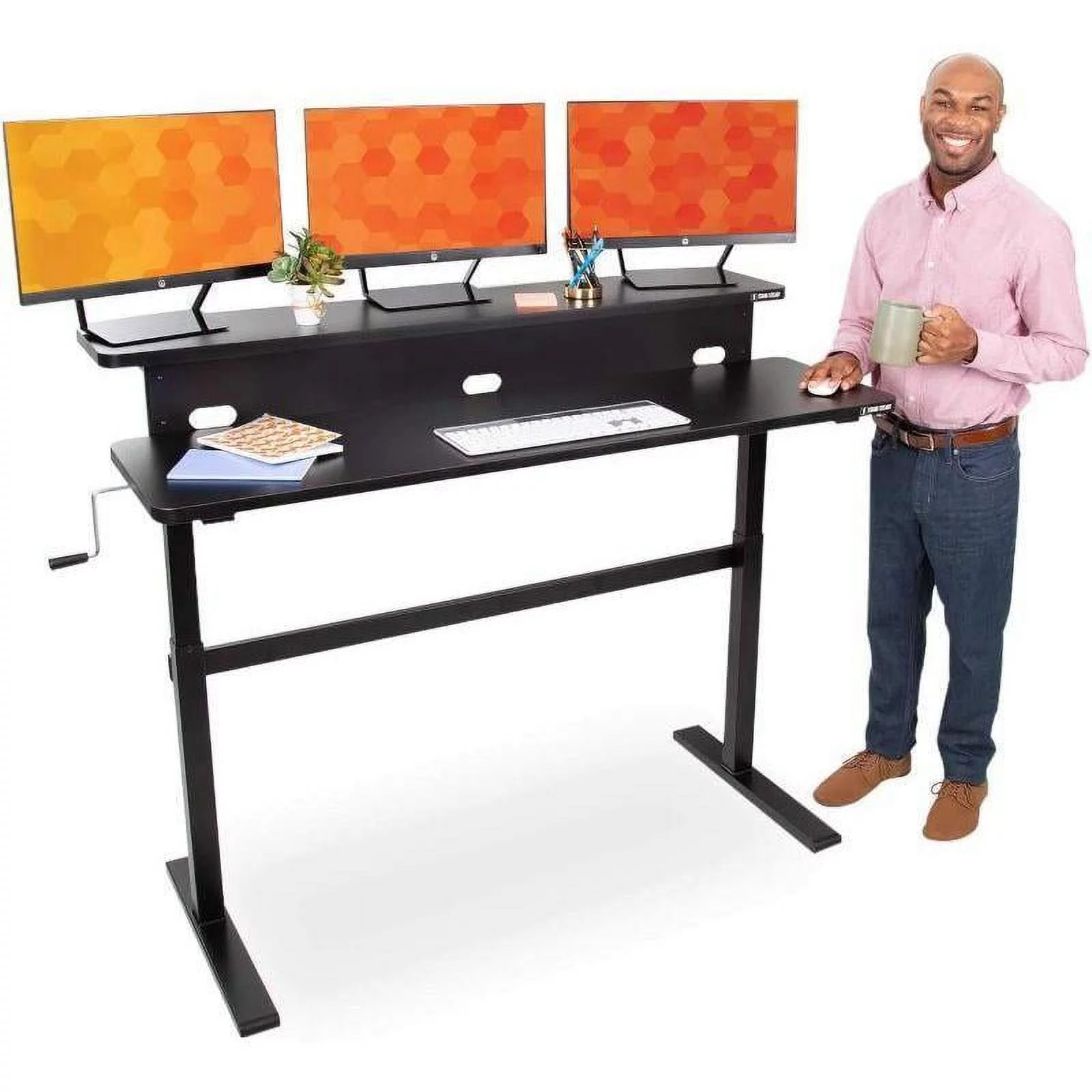 Stand Steady Tranzendesk | 55 Inch Dual Level Standing Desk with Shelf | Easy Crank Height Adjustable Sit to Stand Desk | Stand Up Workstation with