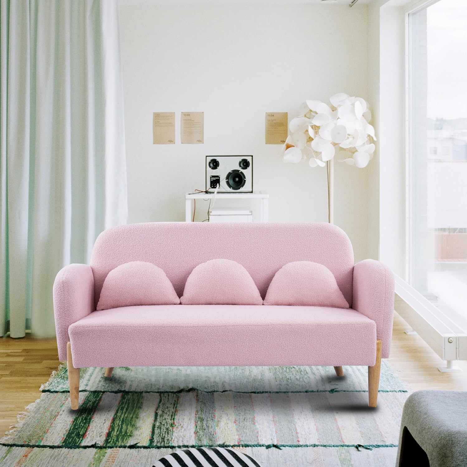 59" Sofa Loveseat with 3 Lumbar Pillows, Mid Century Modern Teddy Fabric Velvet Mini Couch for Living Room