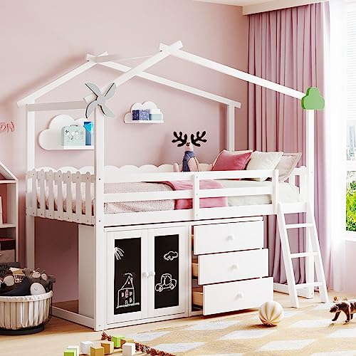 CITYLIGHT Twin Size House Loft Bed with Storage Cabinet and 3 Drawers, Wood Loft Bed Twin with Roof, Blackboards and Guardrail
