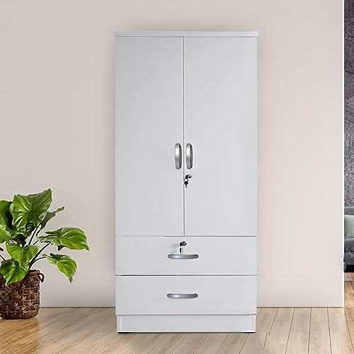 Grace Wood 2-Door Wardrobe Armoire with 2-Drawers Wardrobe Closet Armoire (White)