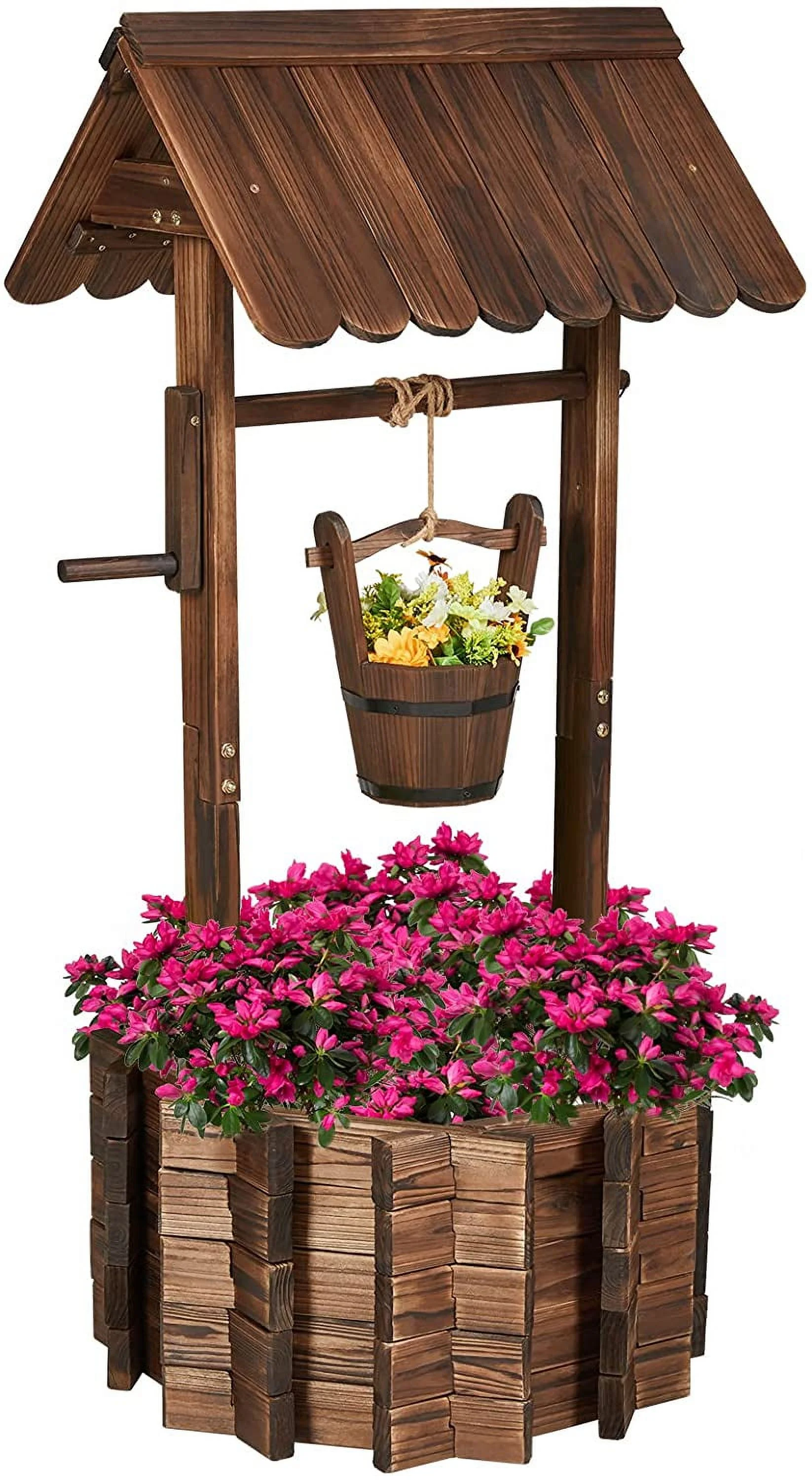 AMERLIFE Wooden Wishing Well - Height Adjustable Hanging Bucket, Planter with 4 Reinforced Rod