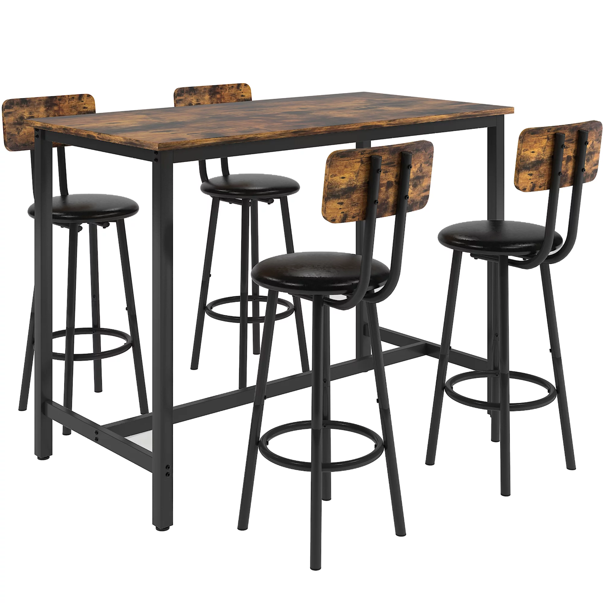 Paproos 5 Piece Dining Table Set, Bar Height Kitchen Table and Upholstered Stools with Backrest, Wooden Table Top and Metal Frame