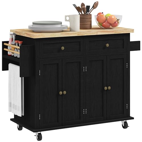 HOMCOM Kitchen Island on Wheels, Rolling Cart with Rubberwood Top, Spice Rack, Towel Rack and Drawers for Dining Room, Navy Blue