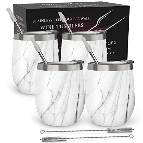 CHILLOUT LIFE Stainless Steel Wine Tumblers 4 Pack 12 oz - Double Wall Vacuum Insulated Wine Cups with Lids and Straws Set for Coffee, Wine