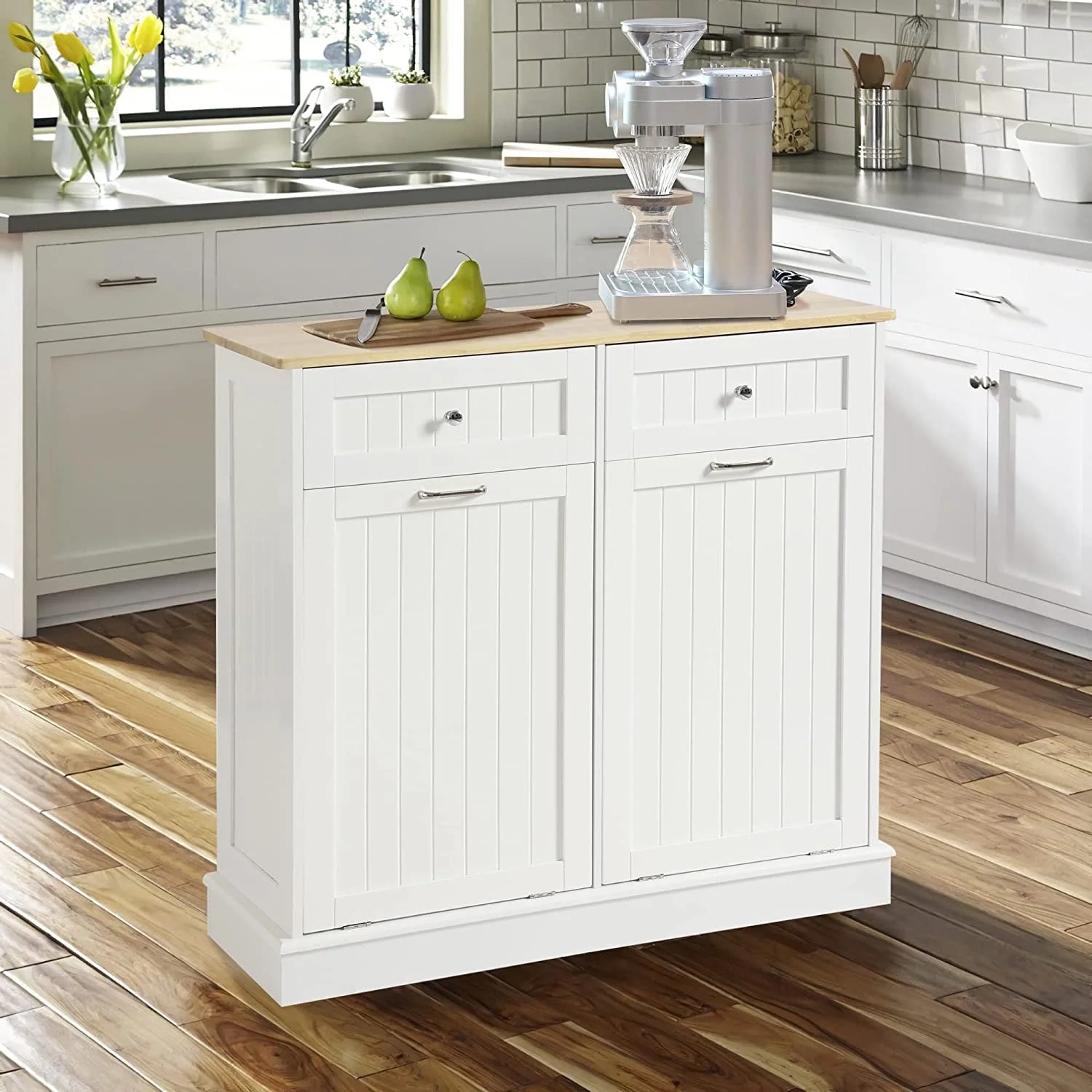 KIGOTY Dual Kitchen Trash Cabinet, Double Tilt Out Trash Can Cabinet with Countertop and Drawer