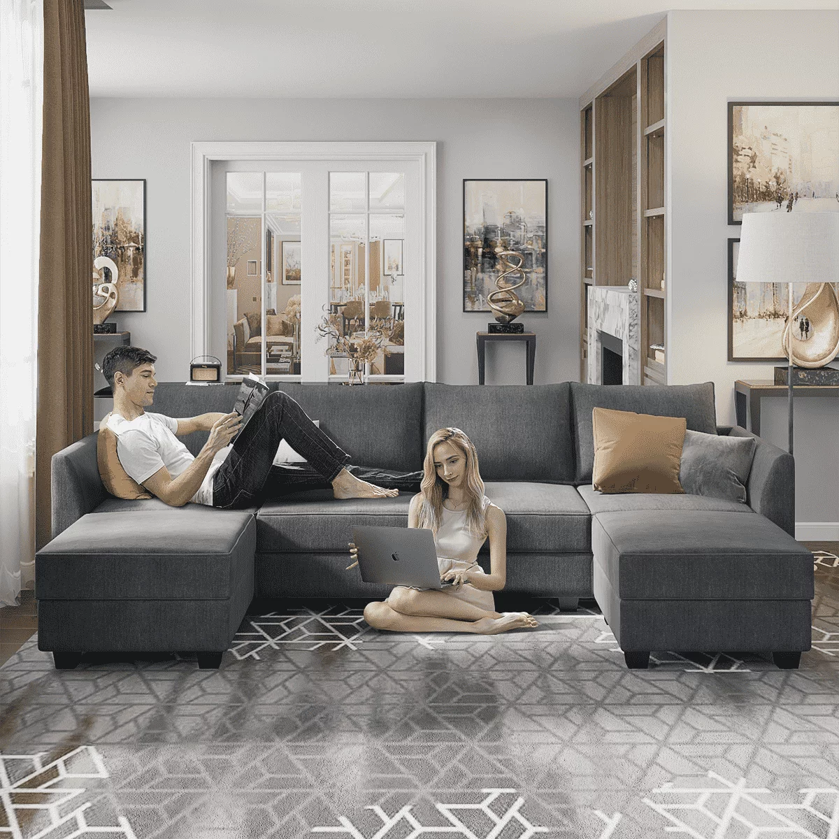 Honbay Sectional Sofas, Bluish Grey Wood