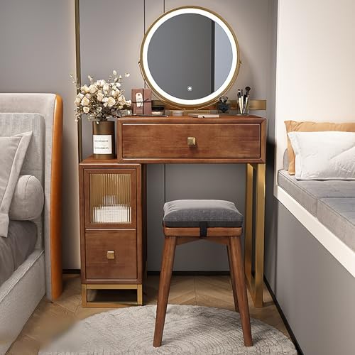 Wooden Makeup Desk for Bedroom Dressing Room Vanity Desk with Mirror and Lights 3 Lighting Color Adjustable Vanity with Drawers with Cushioned Stool