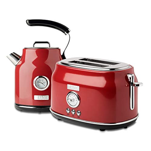 Haden Dorset 1.7 Liter Stainless Steel Countertop Electric Tea Kettle with 4 Slice Wide Slot Stainless Steel Bread Bagel Toaster, Red