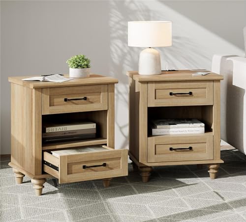 WAMPAT Set of 2 Nightstands with Drawers & Charging Station, Farmhouse Bedside Table with Open Shelf, Nightstand with Solid Wood Feet